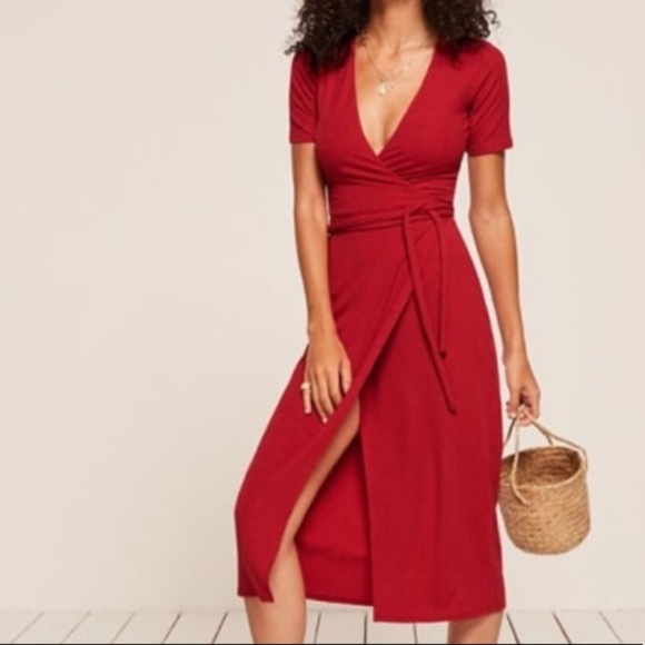 Reformation Dresses & Skirts - Reformation Dress “ Britton” Lipstick Red Ribbed Wrap MIDI Dress NWOT Sm